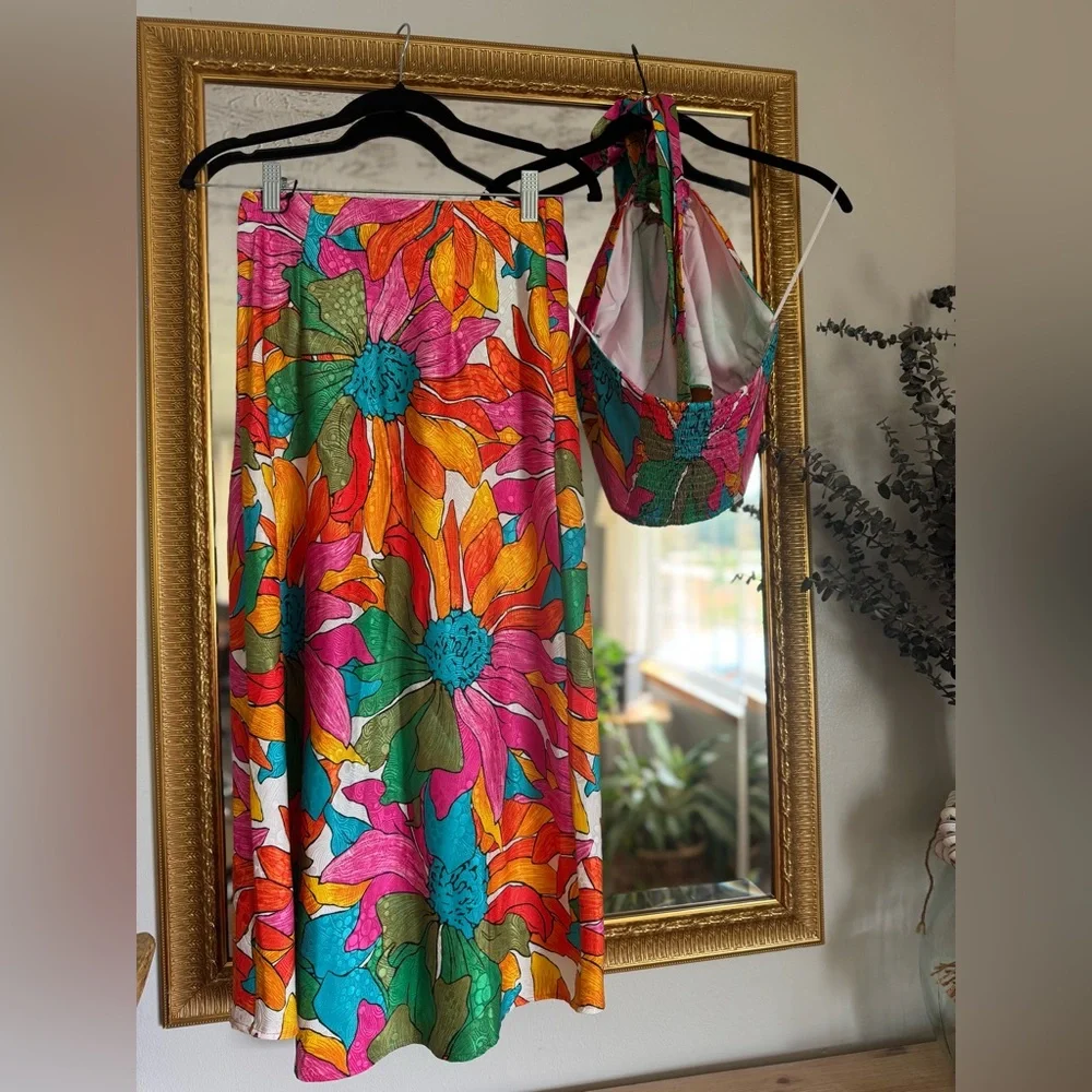 Rachel Zoe Floral Matching Set | Resort Vacation Skirt & Halter Top | Colorful